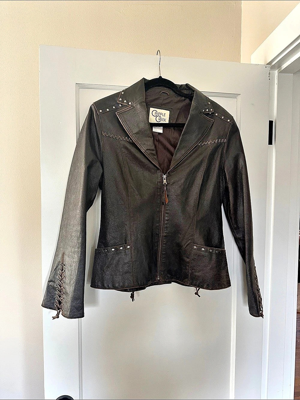 Cripple Creek Studded Lace-Up Leather Jacket in Dark Brown Size Medium